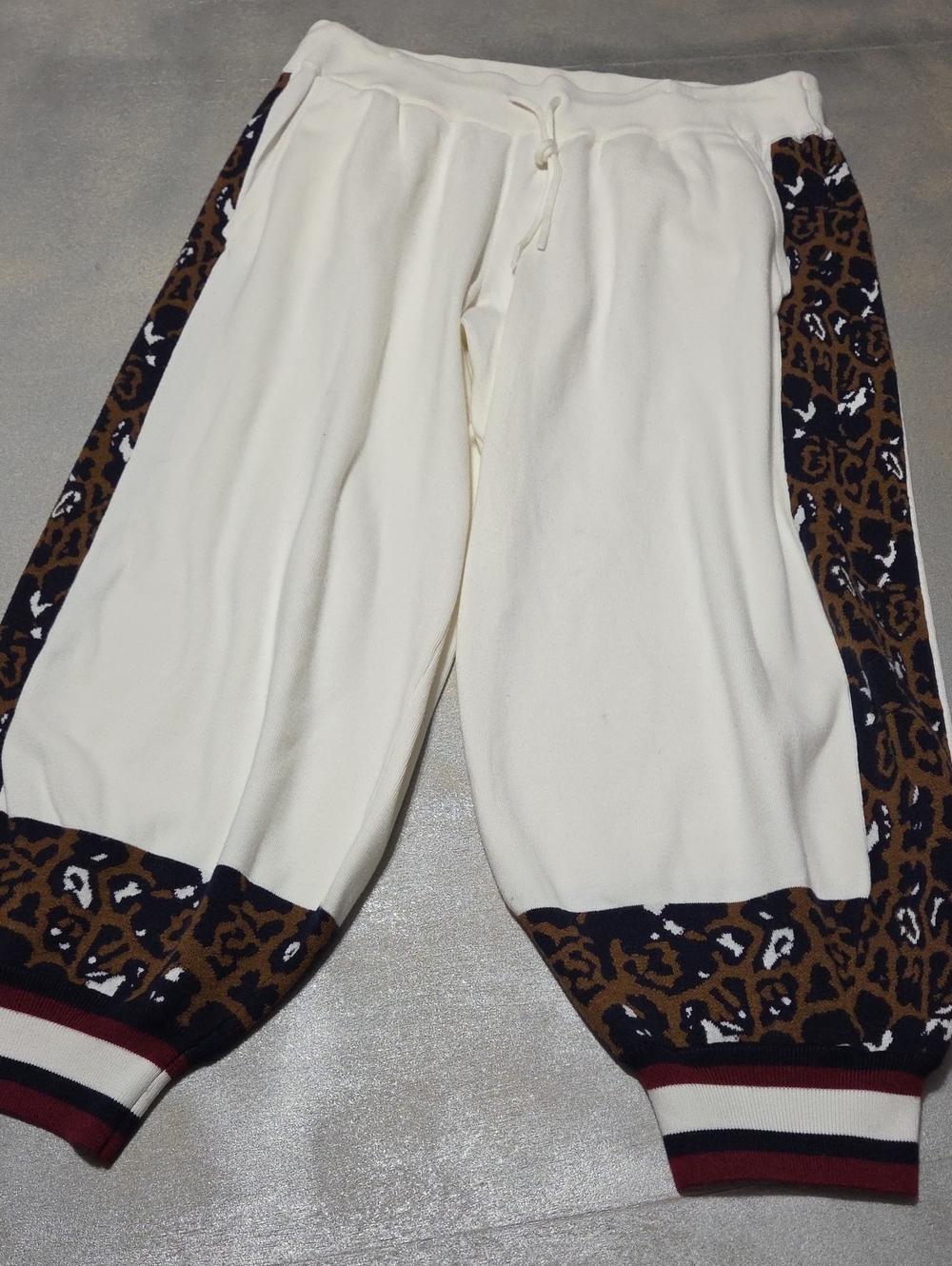 Aritzia Cream Joggers with Leopard Side Panels and Striped Cuffs